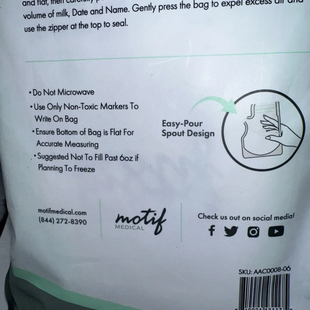 Motif Medical Breast Milk Storage Bags 8oz Single‎ Use Bags 200 Count BPA-Free